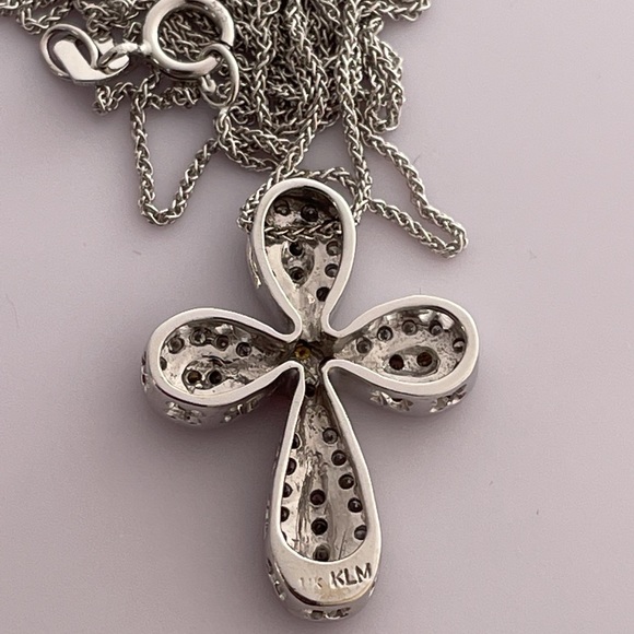 Solid 14K White Gold Natural Diamond Colors Religious Cross Pendant Necklace - Picture 9 of 17